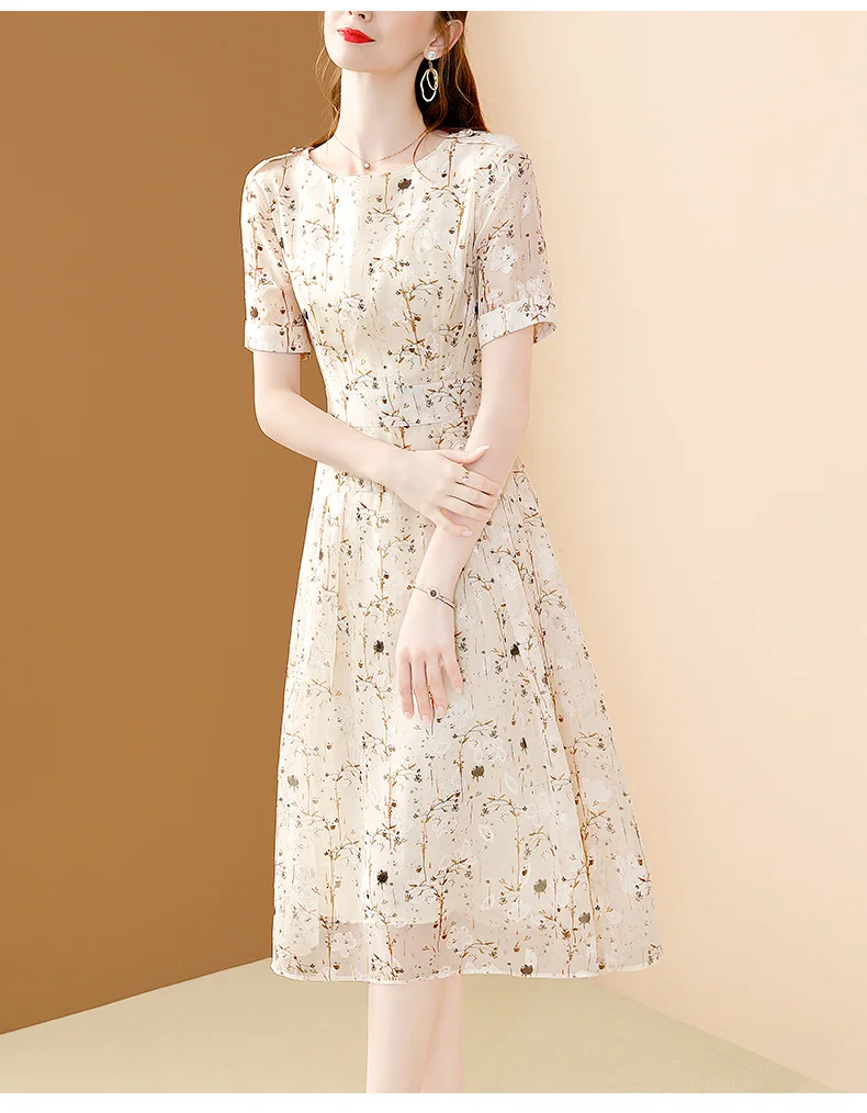 EVNISI Chic Floral Printing Women Chiffon Dress O-Neck Elegant Apricot Office A-LINE Dresses Fairy For Women Slim Party Vestido EVNISI Chic Floral Printing Women Chiffon Dress O-Neck Elegant Apricot Office A-LINE Dresses Fairy For Women Slim Party Vestido