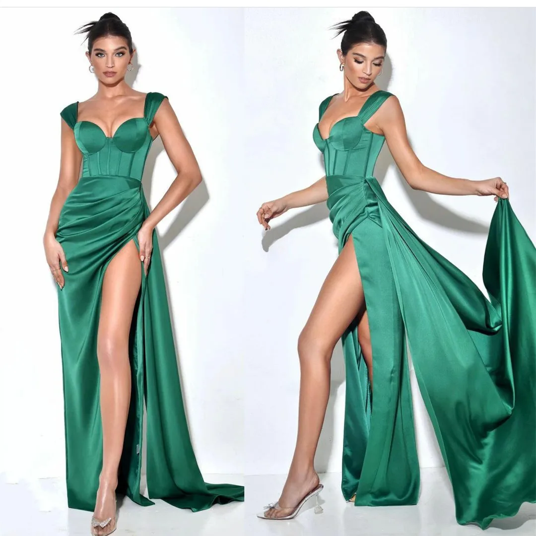 Vintage Long Satin Green Evening Dresses with Slit Mermaid Floor Length Sweetheart Zipper Back Formal Party Gowns for Women 
Vintage Long Satin Green Evening Dresses with Slit Mermaid Floor Length Sweetheart Zipper Back Formal Party Gowns for Women