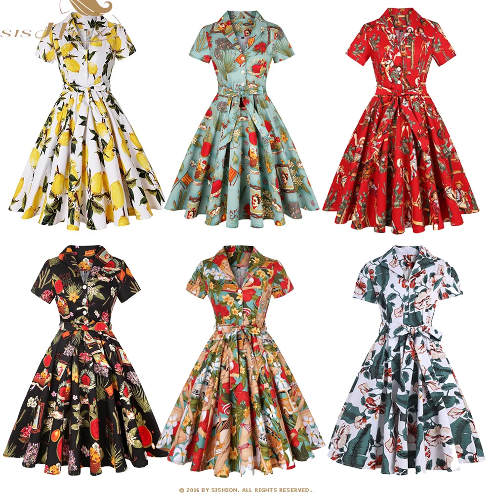 

8 Colors 50s Pinup Elegant Woman and Floral Print Cotton Dress Turn Down Collar Button Front Belted Evening Midi Dresses SD0002