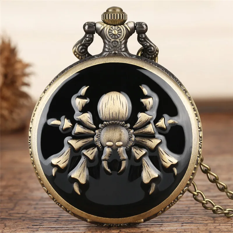 

Bronze 3D Engraved Spider Design Full Hunter Quartz Analog Pocket Watch for Men Women Arabic Number Sweater Chain reloj Gift