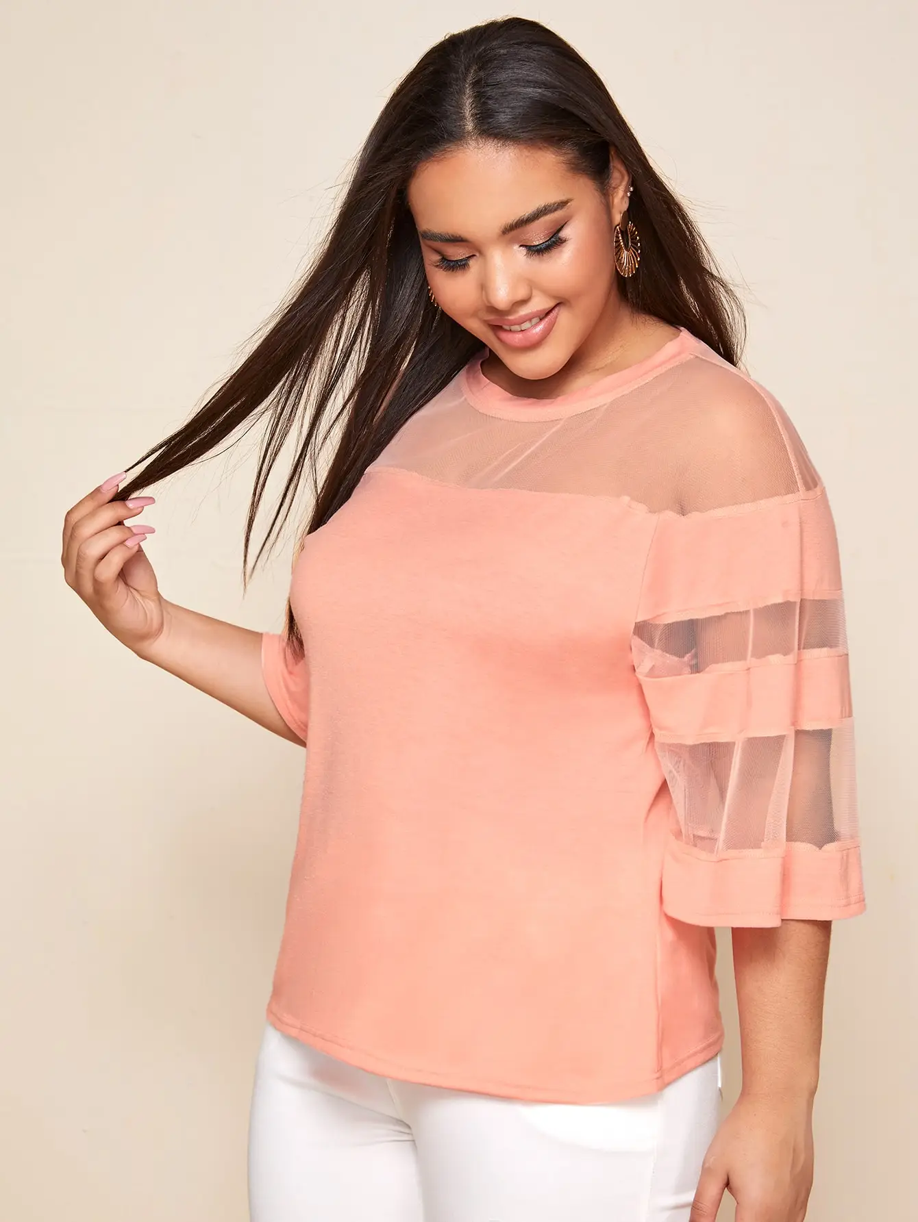 

Finjani Plus Size Women's T-shirt Contrast Mesh Flounce Sleeve Top Casual O-Neck Clothing For Summer New
