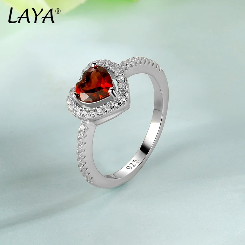 

LAYA 100% 925 Sterling Silver Heart Brilliant Cut Gemstone Natural Garnet Rings For Women Wedding Engagement Fine Jewelry