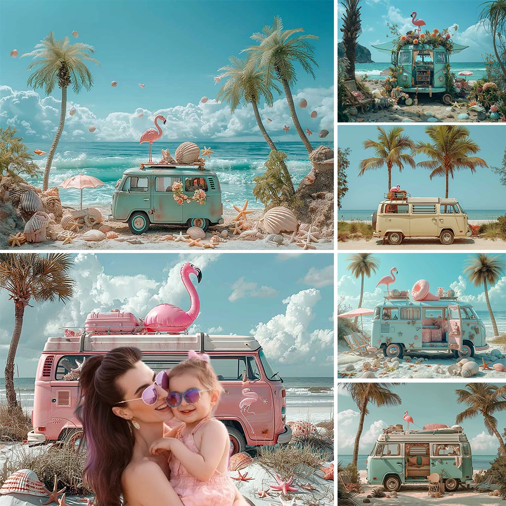 

Girl Seaside Holiday Party Background Photography Retro Bus Beach Blue Sky Backdrop Kids Adult Birthday Cake Smash Studio Booth