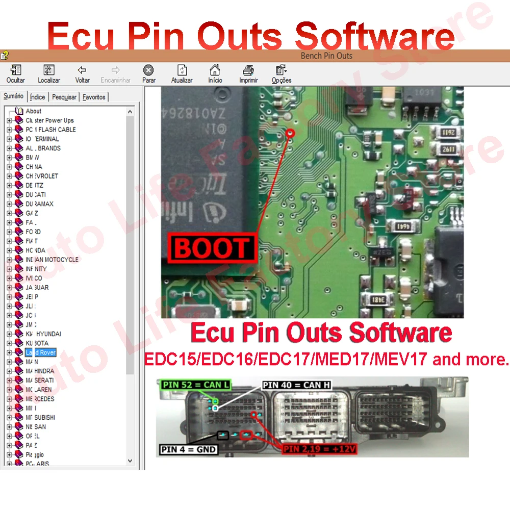 

Ecu Pin Outs Software for Boot Bench Gpt1 Gp2 for EDC15 EDC16 EDC17 MEV17 MEVD ME MEDG SID HDEP PCR Car Truck PinOut ECU Repair