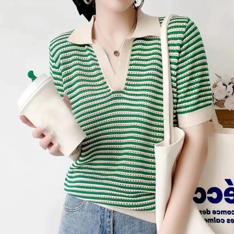 Striped Tee Shirt Femme Hollow Out Thin T Shirt For Women V Neck Knitted Tops Female Short Sleeve Casual Tshirts 2023 Summer
Striped Tee Shirt Femme Hollow Out Thin T Shirt For Women V Neck Knitted Tops Female Short Sleeve Casual Tshirts 2023 Summer