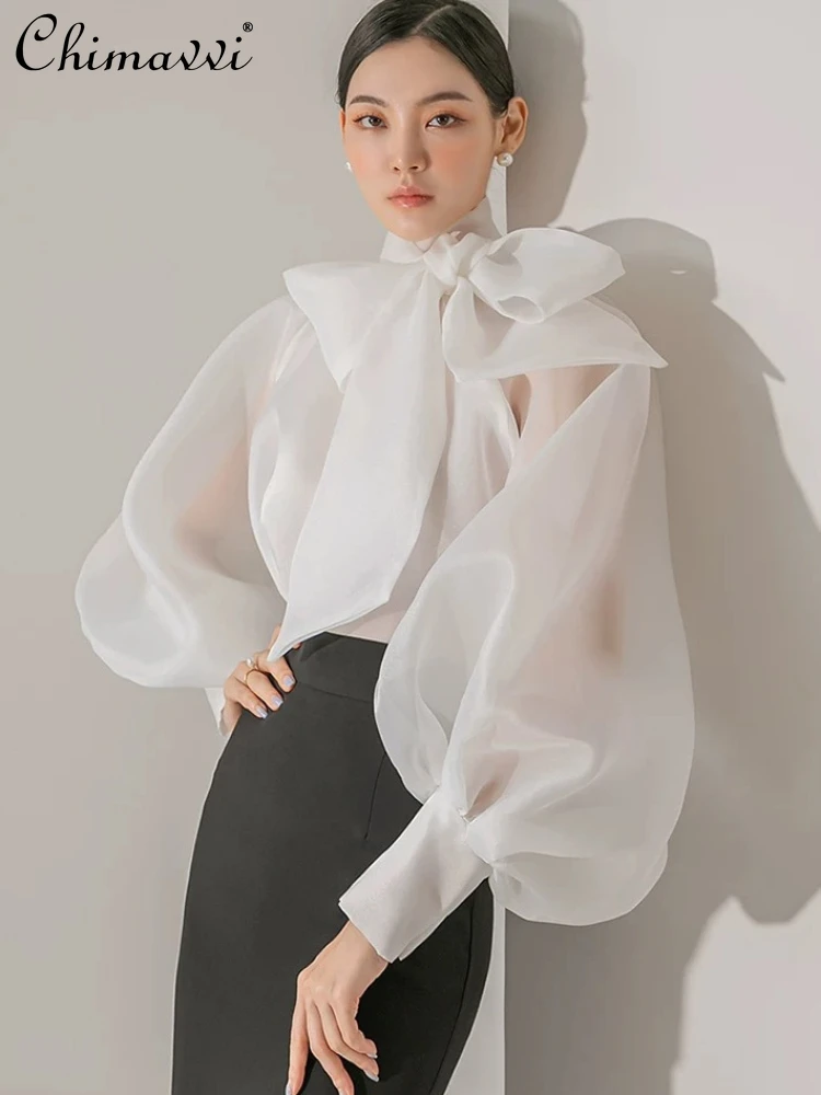 Bow Bubble Long Sleeve Lace-up Shirt for Women 2024 Spring Korean Style Elegant Fashion Chiffon See-through Casual Tops Blouse
Bow Bubble Long Sleeve Lace-up Shirt for Women 2024 Spring Korean Style Elegant Fashion Chiffon See-through Casual Tops Blouse