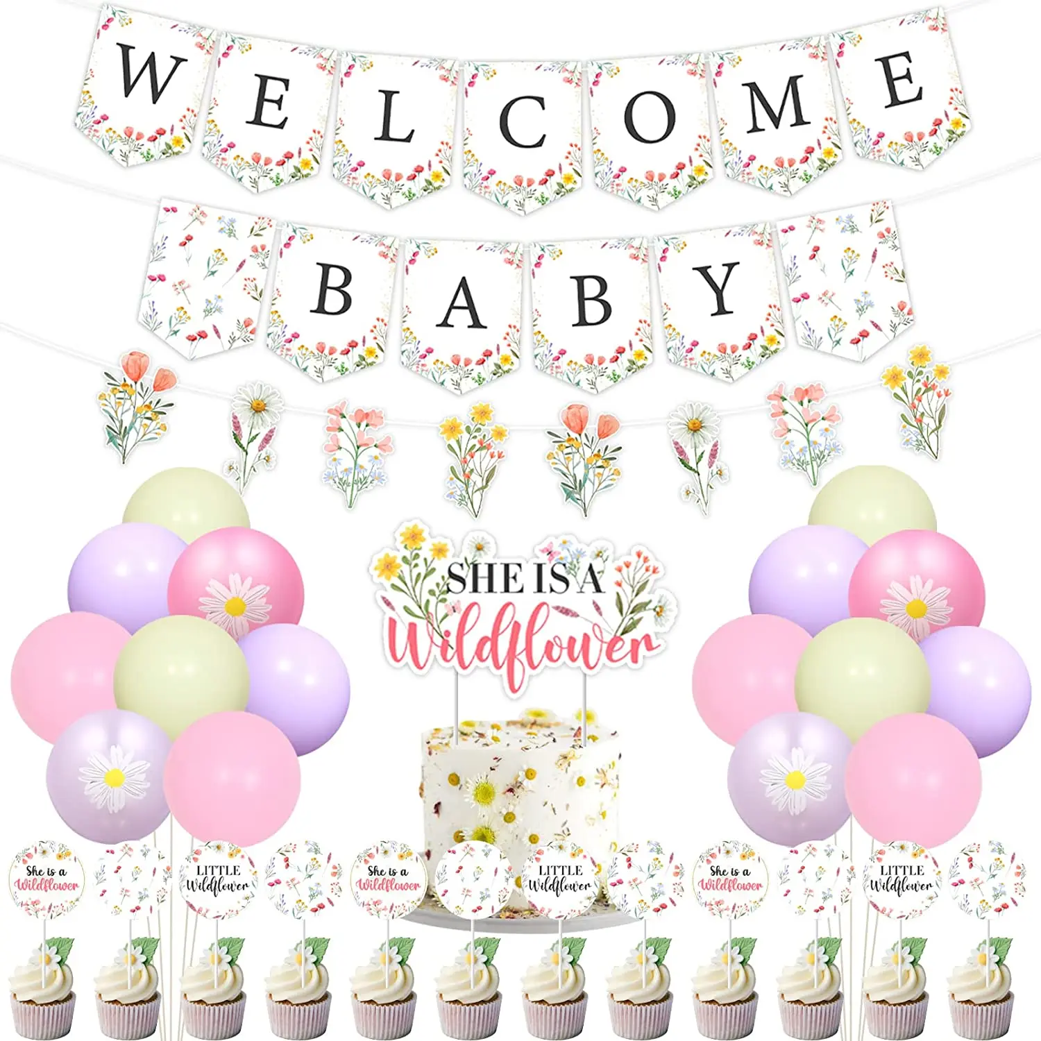 

She Is A Wild Flower Baby Shower Party Decorations for Girls Daisy Print Balloons Cake Cupcake Toppers Floral Garland Banner