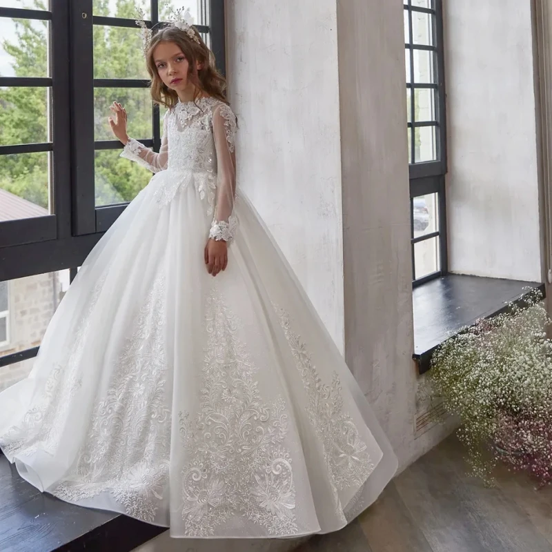 

Luxury Flower Girl Dresses White Lace Appliques Long Sleeve For Wedding Birthday Party Banquet First Communion Gowns