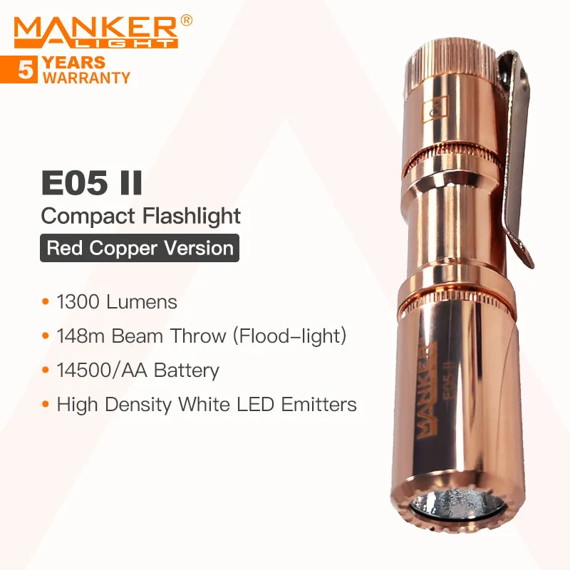 

Manker E05 II (Red Copper Version) Compact EDC Flashlight, High Density 1300 Lumens White LED Emitters, 14500 or AA Battery