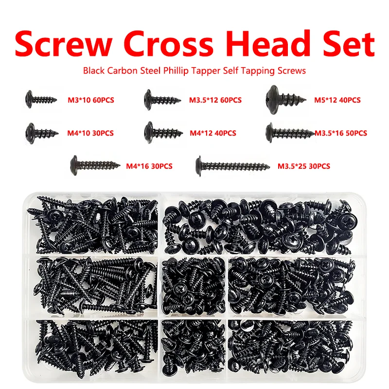 

340pcs/Box Cross Recesse Round Washer Head Screw Set Carbon Steel M3 M3.5 M4 M5 PWA Phillips Self Tapping Screw Assortment Kit