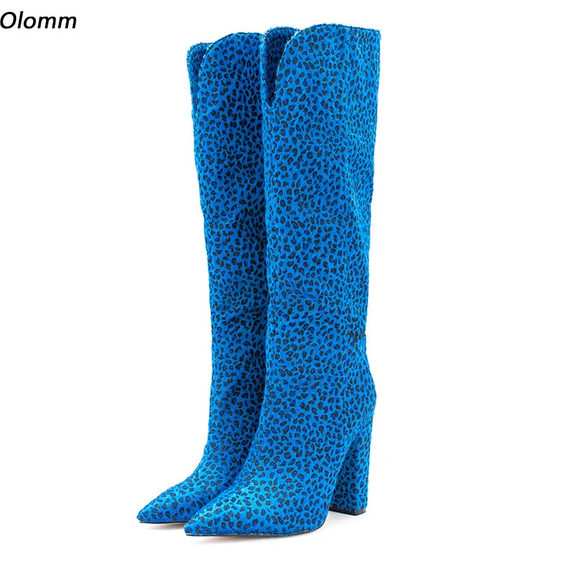 

Olomm Women Knee Boots Faux Horse Hair Square High Heels Pointed Toe Beautiful Blue Leopard Party Shoes Girl's Plus US Size 5-15