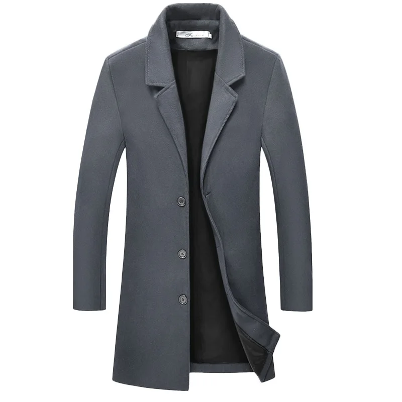 

M-5XL New Men's Business Slim Middle Long Windbreaker Male Solid Color Large Size Woolen Coat Windproof Warm Coat