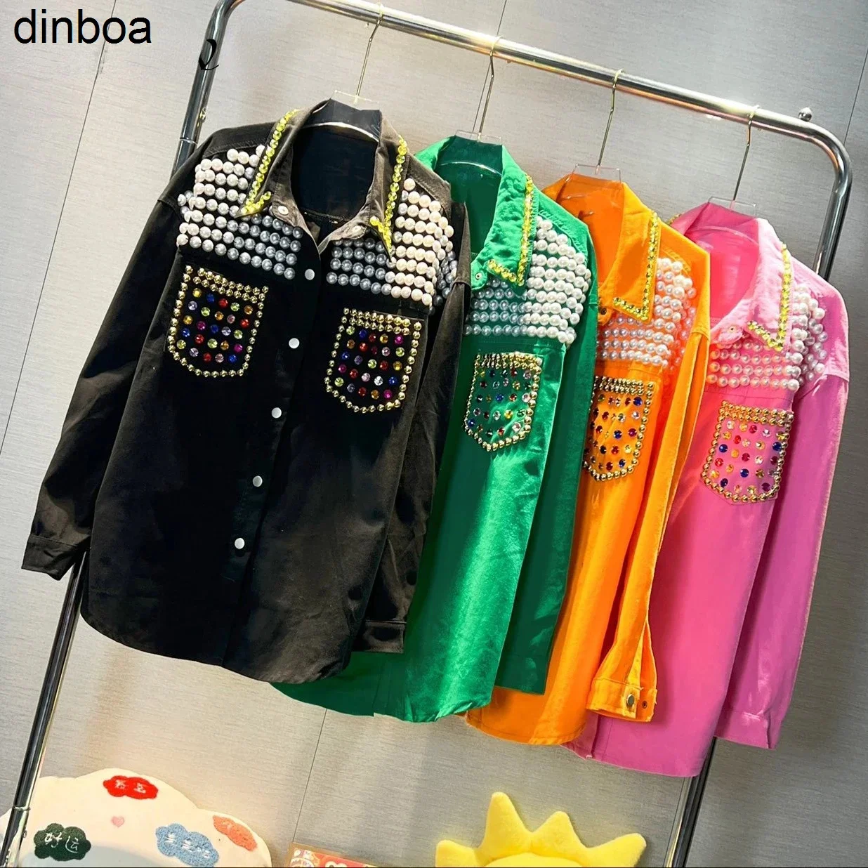 

Dinboa-women Spring Pearls Beaded Sequined Denim Shirts Coat Loose Mid-length Rhinestones Jeans Blouse Cowboy Cardigan Crop Tops