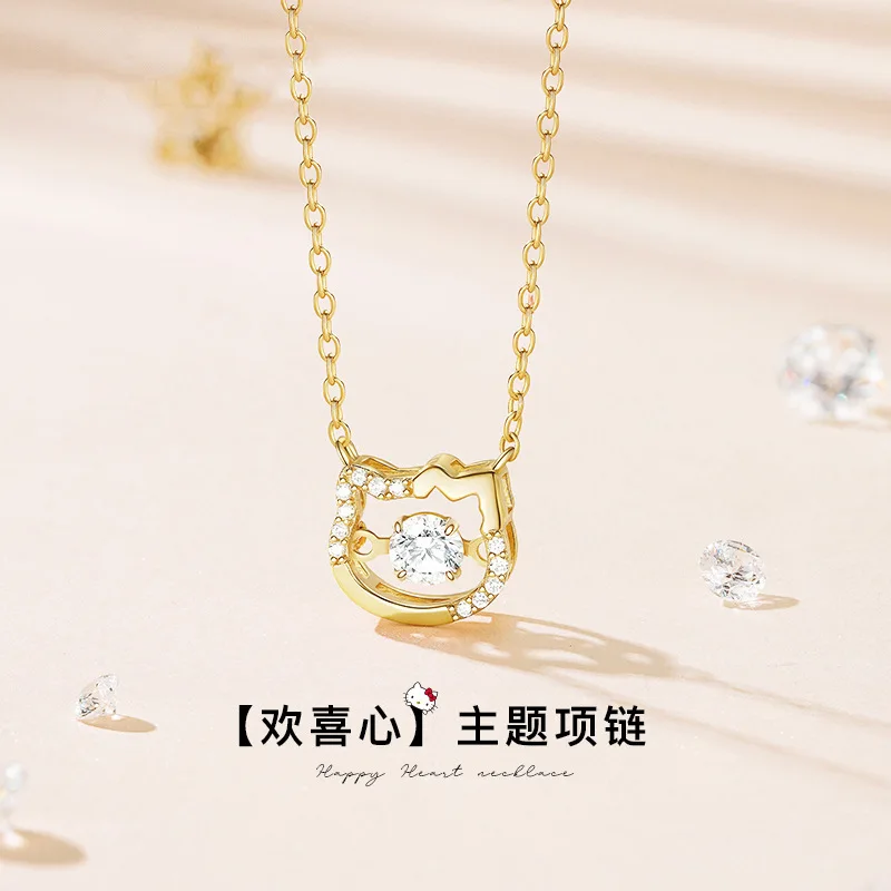 

24K Hello Kitty Gold Necklace Cute Sanrioed Kt Cat Pendant Water Ripple Necklace Necklace for Girls Birthday Gift