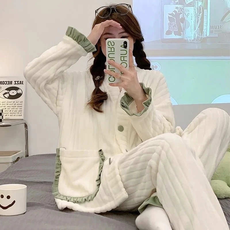 Yasuk Autumn Winter Women's Casual Lovely Sweet Girl Warm Soft Sleepwear Loose Pajamas With Pants Velvet Simple Lace Pocket
Yasuk Autumn Winter Women's Casual Lovely Sweet Girl Warm Soft Sleepwear Loose Pajamas With Pants Velvet Simple Lace Pocket