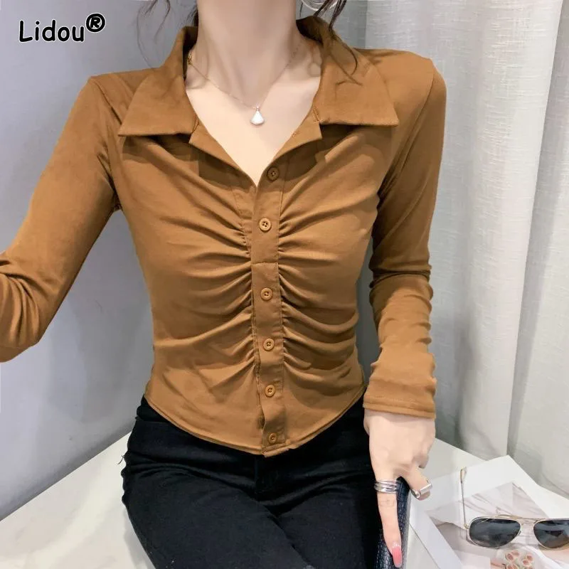 French Retro Slim Folds Bottoming T-Shirts Turn-down Collar Spring Summer Cotton Streetwear Sexy Short Women's Top Long Sleeve
French Retro Slim Folds Bottoming T-Shirts Turn-down Collar Spring Summer Cotton Streetwear Sexy Short Women's Top Long Sleeve