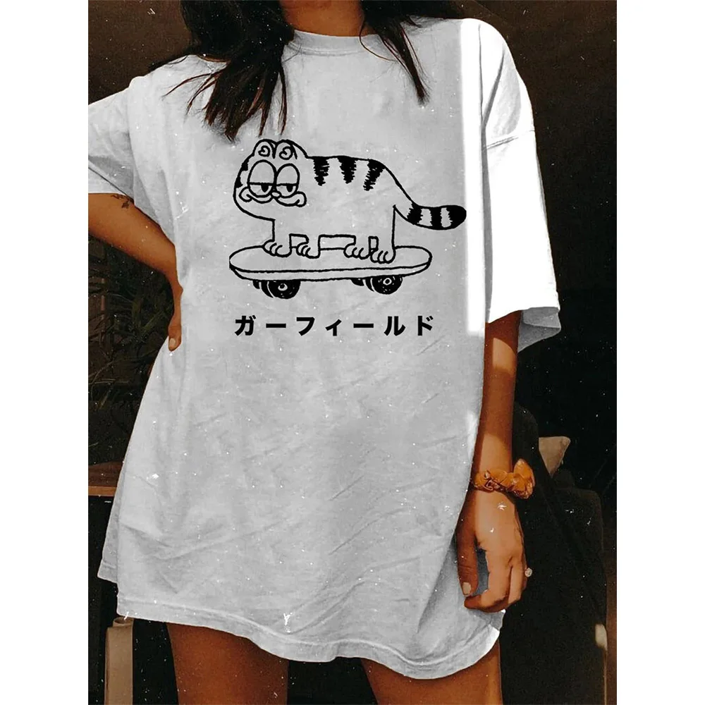 

Funny Cat Printing Unisex Harajuku Style White T Shirts Short Sleeve Loose Cotton Summer Tops Crewneck Casual Aesthetic Tees
