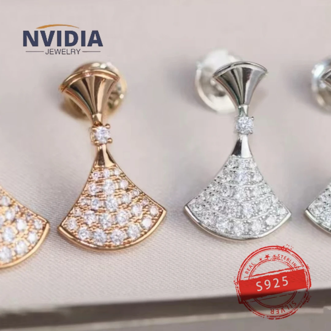 

2024 New Trend Hot Selling Jewelry BV Customized S925 Silver Luxury Diamond Fan Shaped Women's Earrings Birthday Party Gift