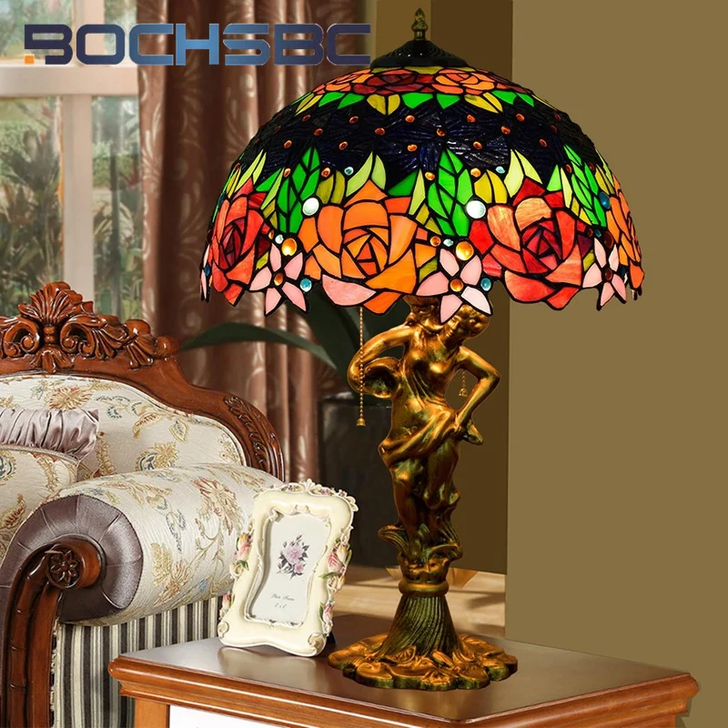 

BOCHSBC Tiffany Rose style stained glass table lamp Art Deco Hotel Bar Living Room Dining Room Study Bedroom Bedside light