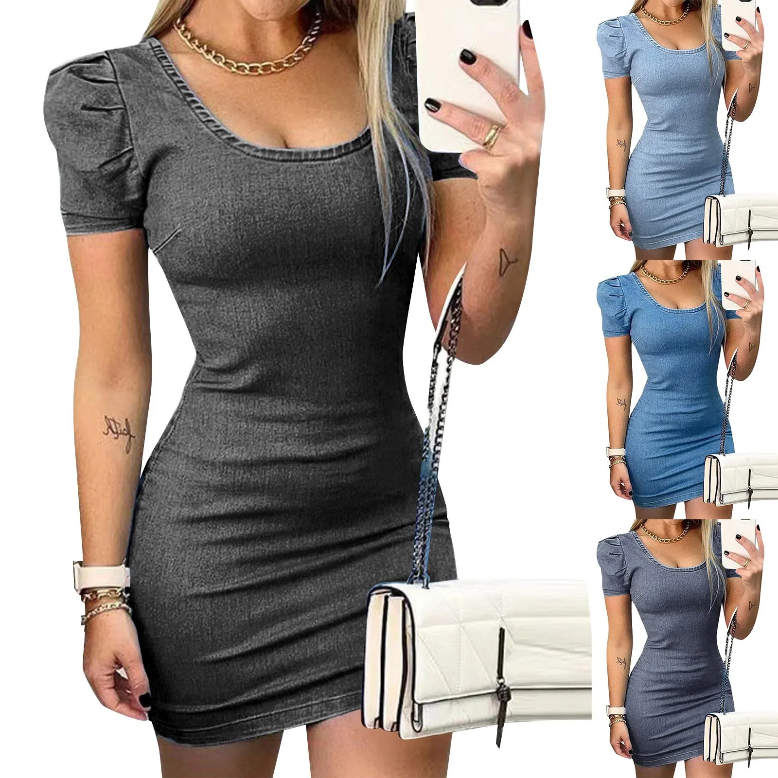 Imitation Denim Shape Wrap Buttock Women Casual Dress U Neck Pile Sleeve Female Elegant Sexy Dresses Party Holiday Vestidos
Imitation Denim Shape Wrap Buttock Women Casual Dress U Neck Pile Sleeve Female Elegant Sexy Dresses Party Holiday Vestidos