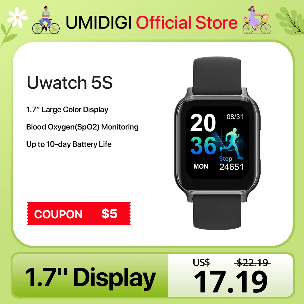

UMIDIGI Uwatch 5S Bluetooth Smart Watch 1.7" 5ATM Waterproof SmartWatch Fitness Heart Rate Blood Oxygen Monitor for Android iOS