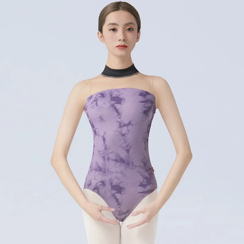 

Gauze Dance costume Women print Ballet Leotards Gymnastics Leotards Adult Ballet Bodysuit gray purple performance dancewear