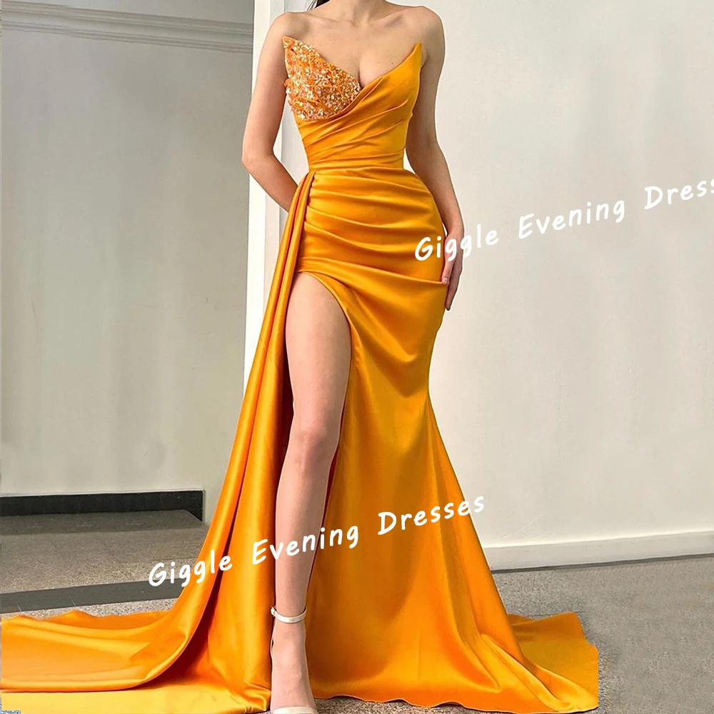 

Женское атласное платье с разрезом Giggle, элегантное платье для выпускного вечера без бретелек, сексуальное Плиссированное вечернее платье до пола в стиле Саудовской Аравии, 2024