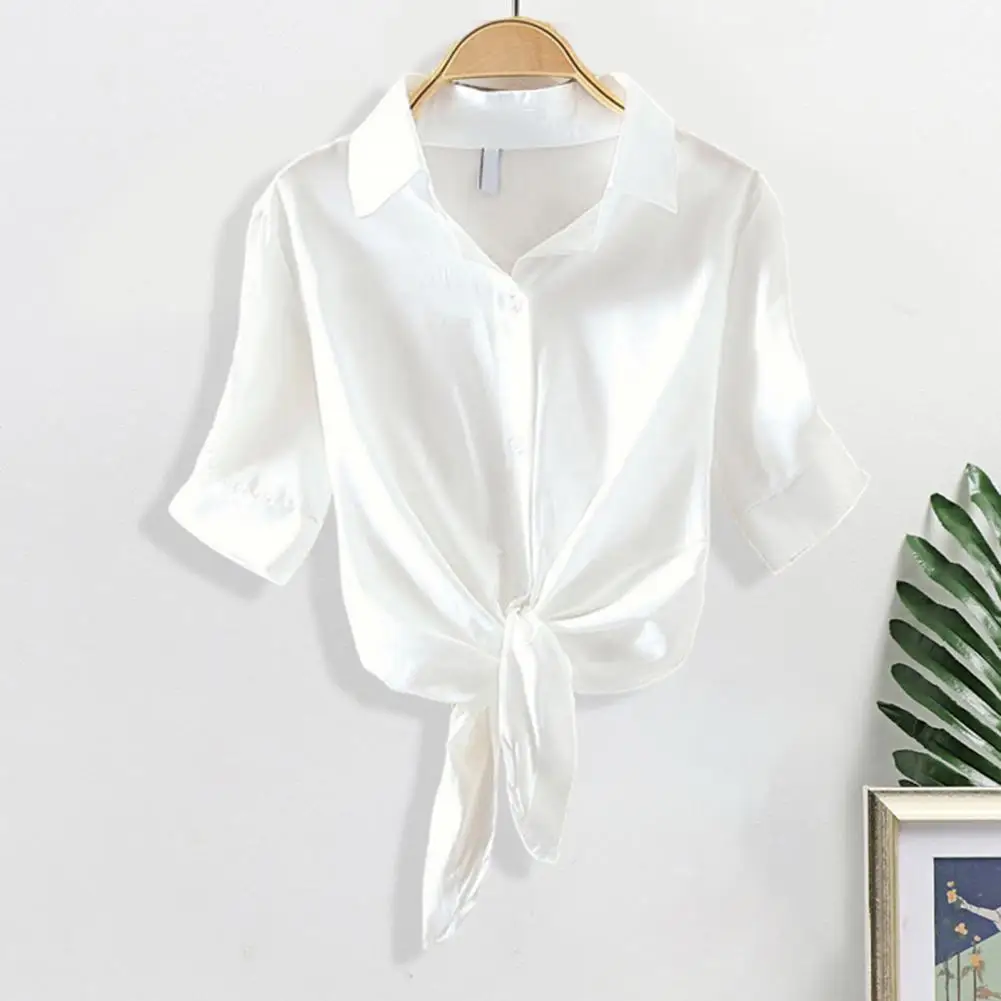 

Commute Blouse Chic Lace-up Knot Lapel Blouse Stylish Women's Three Quarter Sleeve Solid Color Shirt for Casual Ol Commute