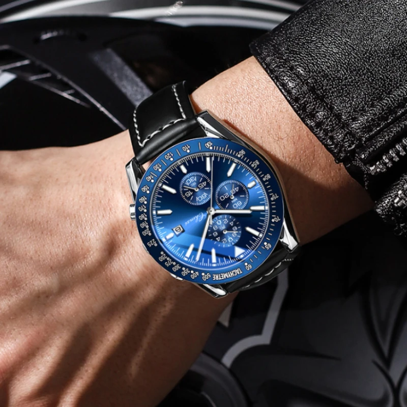 

Fashion & Casual Multifunctional Complete Calendar Chronograph Mens watches Luminous Hands Hardlex Round Dial Quartz watch