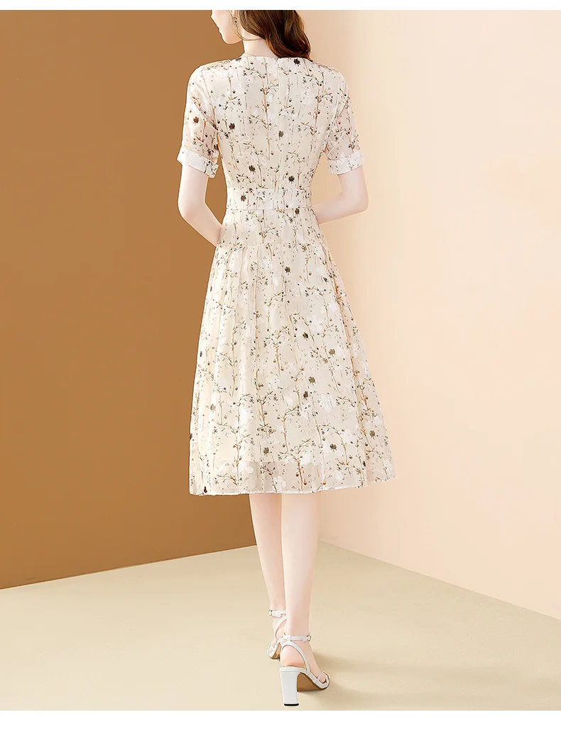 EVNISI Chic Floral Printing Women Chiffon Dress O-Neck Elegant Apricot Office A-LINE Dresses Fairy For Women Slim Party Vestido EVNISI Chic Floral Printing Women Chiffon Dress O-Neck Elegant Apricot Office A-LINE Dresses Fairy For Women Slim Party Vestido