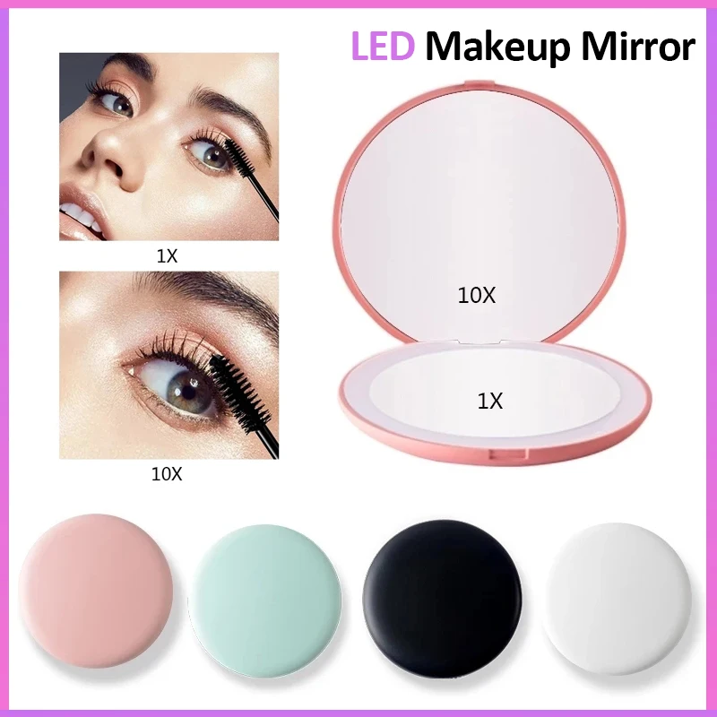 

Портативное складное карманное мини-зеркало для макияжа со светодиодной подсветкой, круглое ручное компактное косметическое зеркало с 10-кратным увеличением