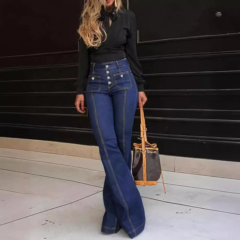 

Женские длинные брюки, стильные женские джинсы с высокой талией и расклешенным подолом, облегающие однотонные джинсы с несколькими карманами для улицы