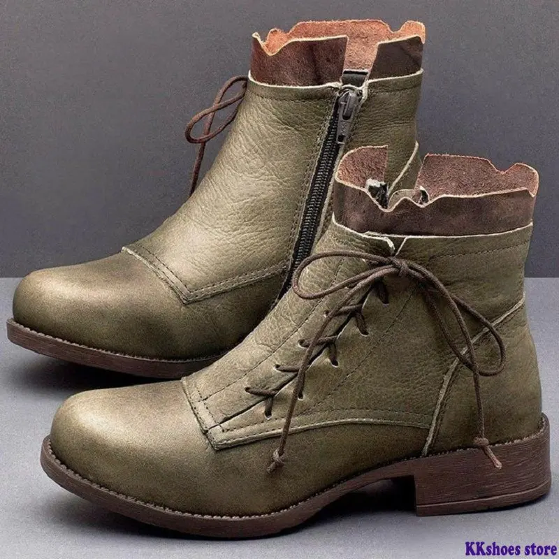 

Стильные винтажные женские зимние теплые кожаные ботильоны, ботильоны на низком каблуке, ботинки на шнуровке, короткая обувь
