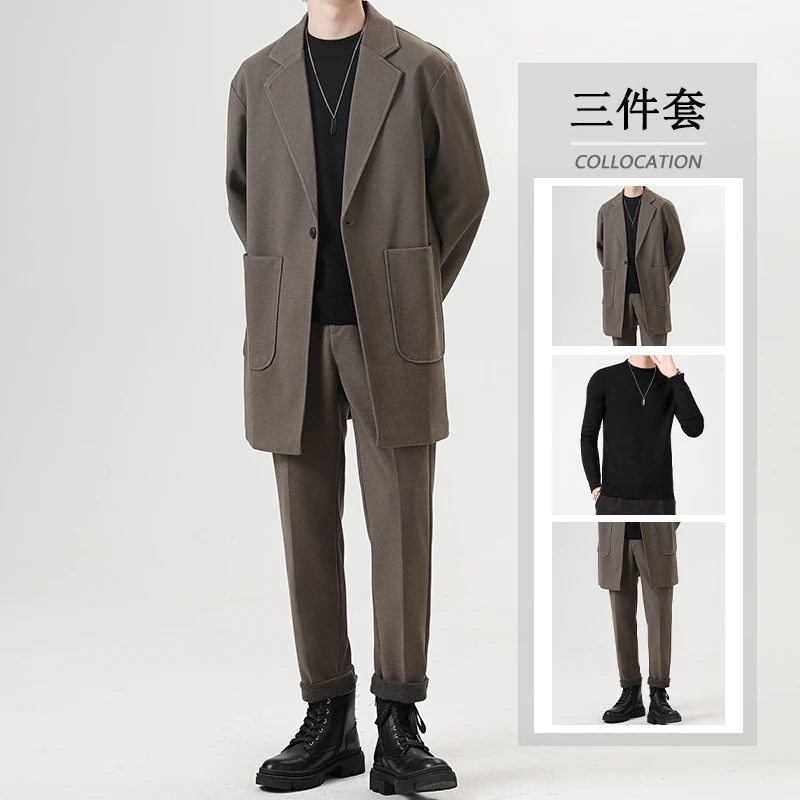 

New men's (suit + jumper + trousers) tweed gangly handsome senior sense of light mature wind Hong Kong syle suit three pices set