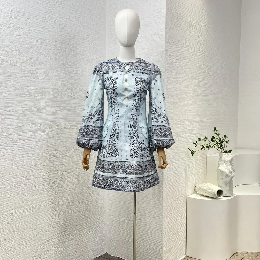 

Женское льняное мини-платье, винтажное голубое платье с цветочным принтом пейсли, длинными рукавами-фонариками и пуговицами с отверстиями, 2024