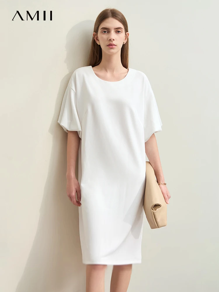 

Amii Minimalism 2024 Summer New Dress For Women Elegant Commuter O-Neck French Lantern Sleeve Loose Solid Lady Dresses 12412014