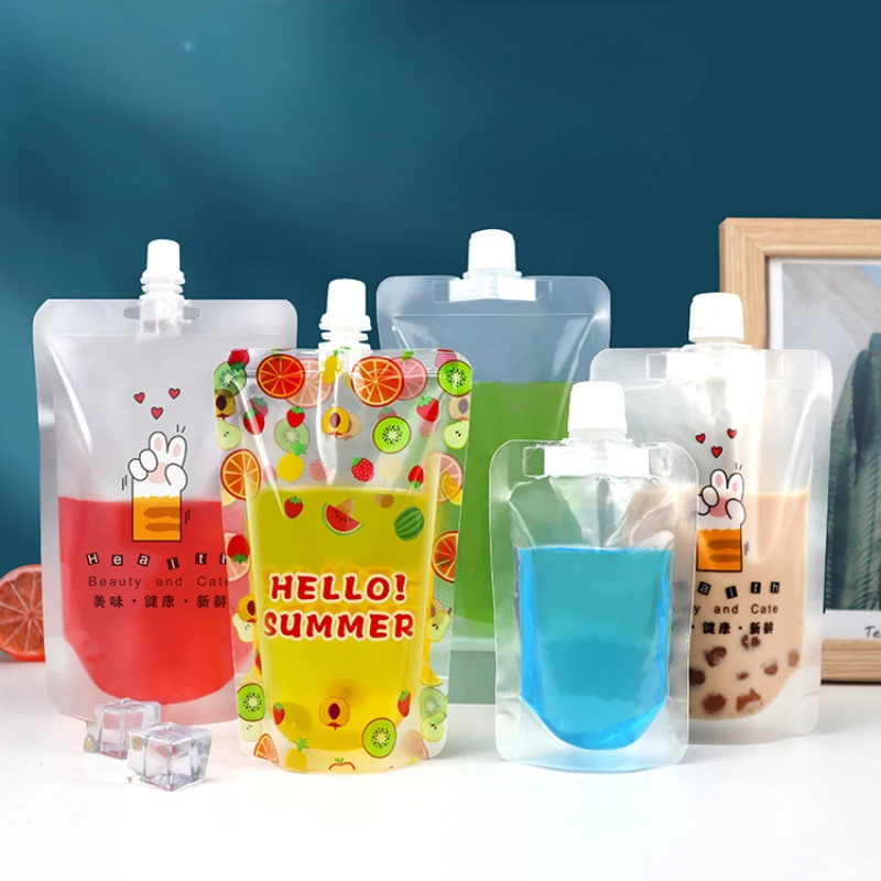 

transparent Suction nozzle bag disposable Patterned thickening seal Self-supporting bags beverage Milk tea Takeout Packaging bag