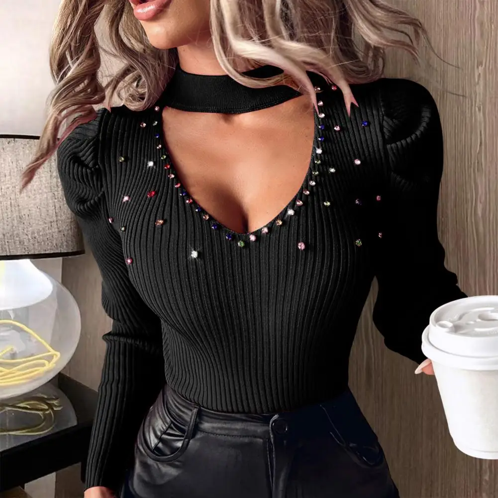 

Commuting Style Shirt Women's Stylish Rhinestone Studded Knitwear V-neck Tops Hollow Out Sweater Slim Fit Blouse for Office Lady