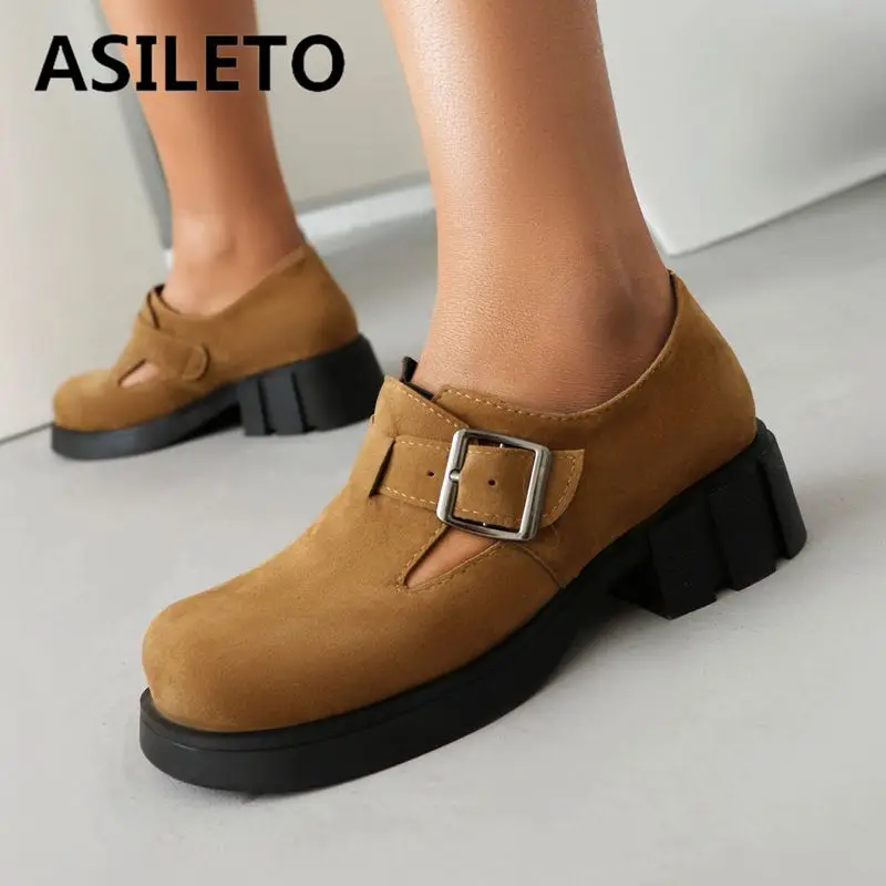 

ASILETO Classic Women Pumps Flock Suede Round Toe Block Heels 4.5cm Buckle Strap Big Size 41 42 43 Casual Daily Summer Shoes