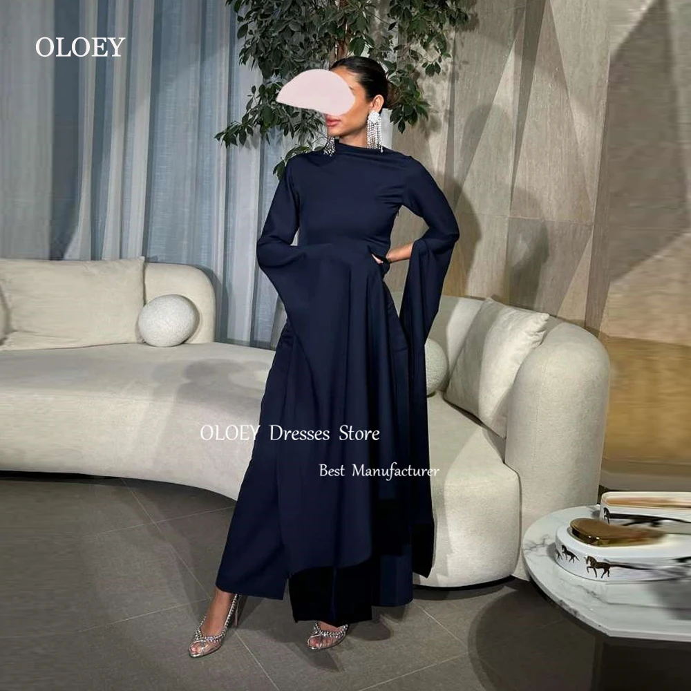

OLOEY Simple Navy Blue A Line Saudi Arabic Women Evening Dresses Flare Long Sleeves High Neck Ankle Length Formal Party Gowns