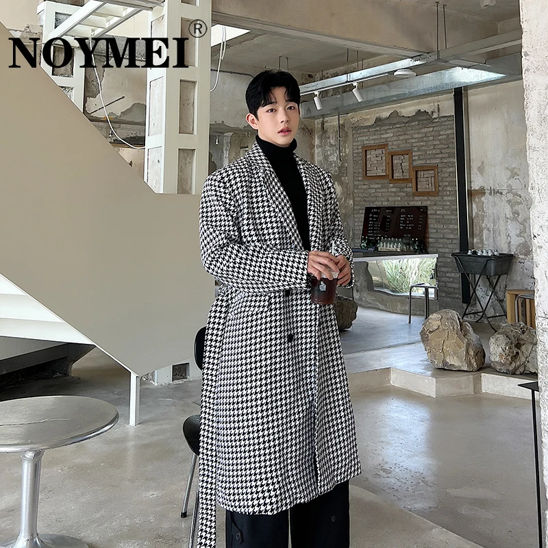 

NOYMEI Men Plaid Woolen Coat Long Knee Length Design Trendy Trench Loose Korean Style Temperament Belt Decoration Winter WA2915