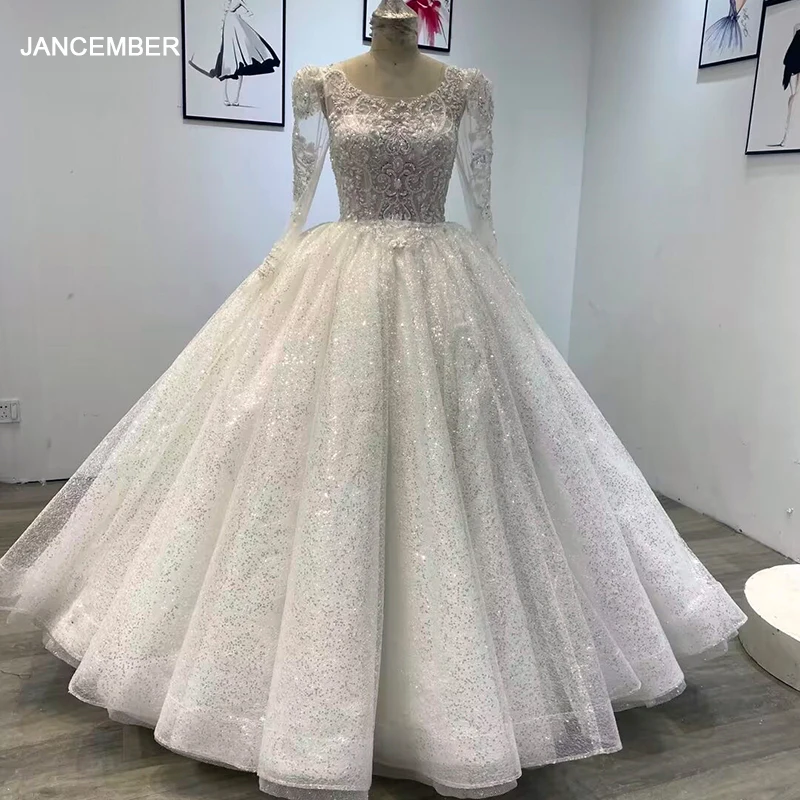 

Jancember Popular Design Novelty Wedding Gown For Bride 2024 Sequins Full Sleeves Wedding Dress Beading Lace Up Robe De Mariée