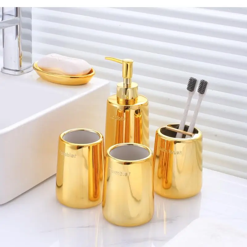 

Bathroom Decor Gold-plated Resin Toothpaste Dispenser Soap Box Toothbrush Holder Soap Bottle Bathroom Cup Five-piece Set