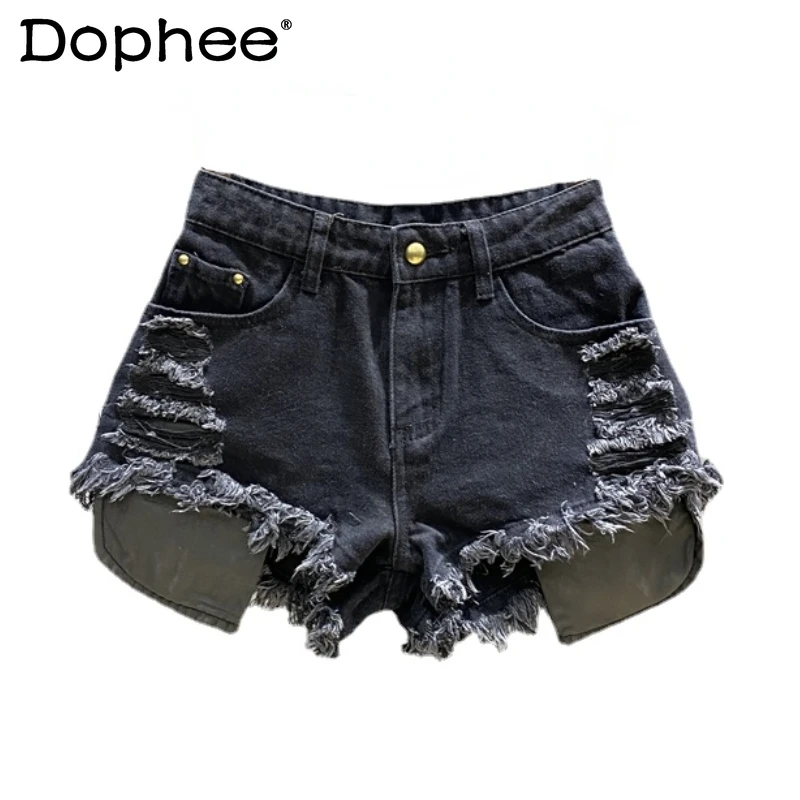 

Summer Frayed Design Hot Girl Pocket Wide-Leg Denim Shorts for Women A- Line Hot Pants Leak Pocket Ripped Beggar Shorts Black