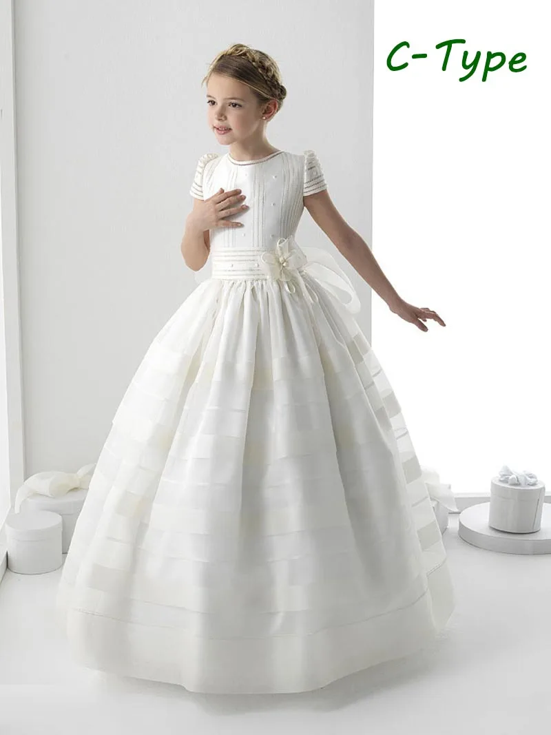 

Ivory/White Flower Girl Dresses With Bow Ball Gown First Holy Communion Dress Lace Cap Sleeves Tulle Princess Pageant Gowns