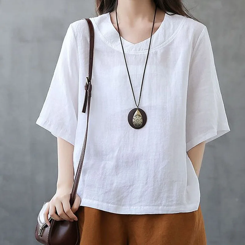 

Asymmetrical Forking Cotton and Linen Tops Lady 2024 Summer Thin Style Casual Loose Large Size Short Sleeved All-match T-shirt