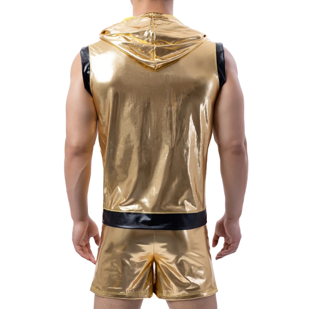 Mens Tank Tops Boxer Briefs Shorts Sleeveless Hooded Vest Gold Shiny Tight Leather Clubwear Set Suit Stage Costume
Mens Tank Tops Boxer Briefs Shorts Sleeveless Hooded Vest Gold Shiny Tight Leather Clubwear Set Suit Stage Costume
