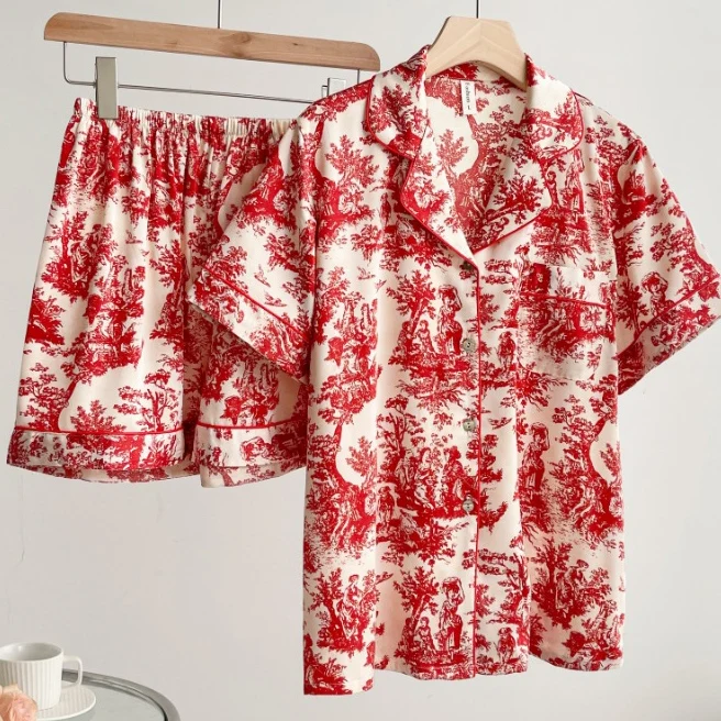 Пижамный костюм, летняя свободная атласная Домашняя одежда, домашняя одежда, женская пижама, пикантная Пижама с красным принтом, шорты с коротким рукавом, комплект из двух предметов 
Пижамный костюм, летняя свободная атласная Домашняя одежда, домашняя одежда, женская пижама, пикантная Пижама с красным принтом, шорты с коротким рукавом, комплект из двух предметов