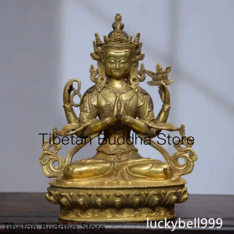 

8.3" Old Antique Tibetan Buddhism temple Bronze 24k gilt Four arm Guanyin statue