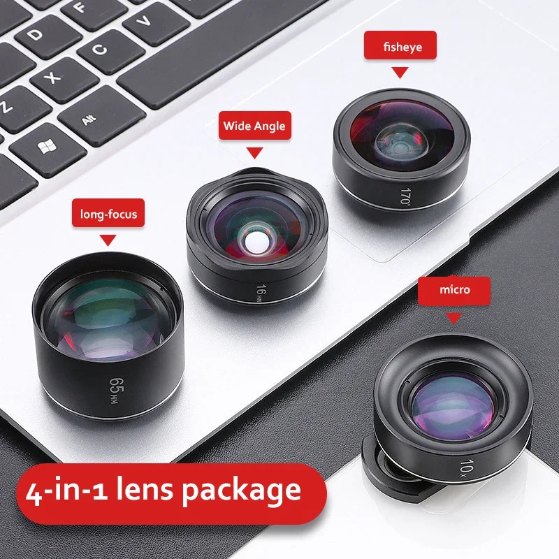 

Four-in-one Phone Lens 120 ° Wide Angle 170 ° Fisheye 2.5X Distortion-free Wide Angle Portrait 10X Long Distance Macro Lenses